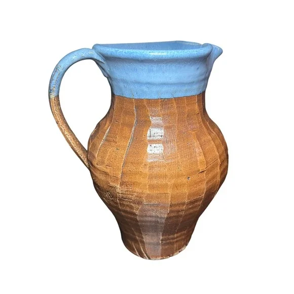 Ken Poole 1990 Rockhouse Pitcher Blue glaze Floral Embossed Signed Art Pottery